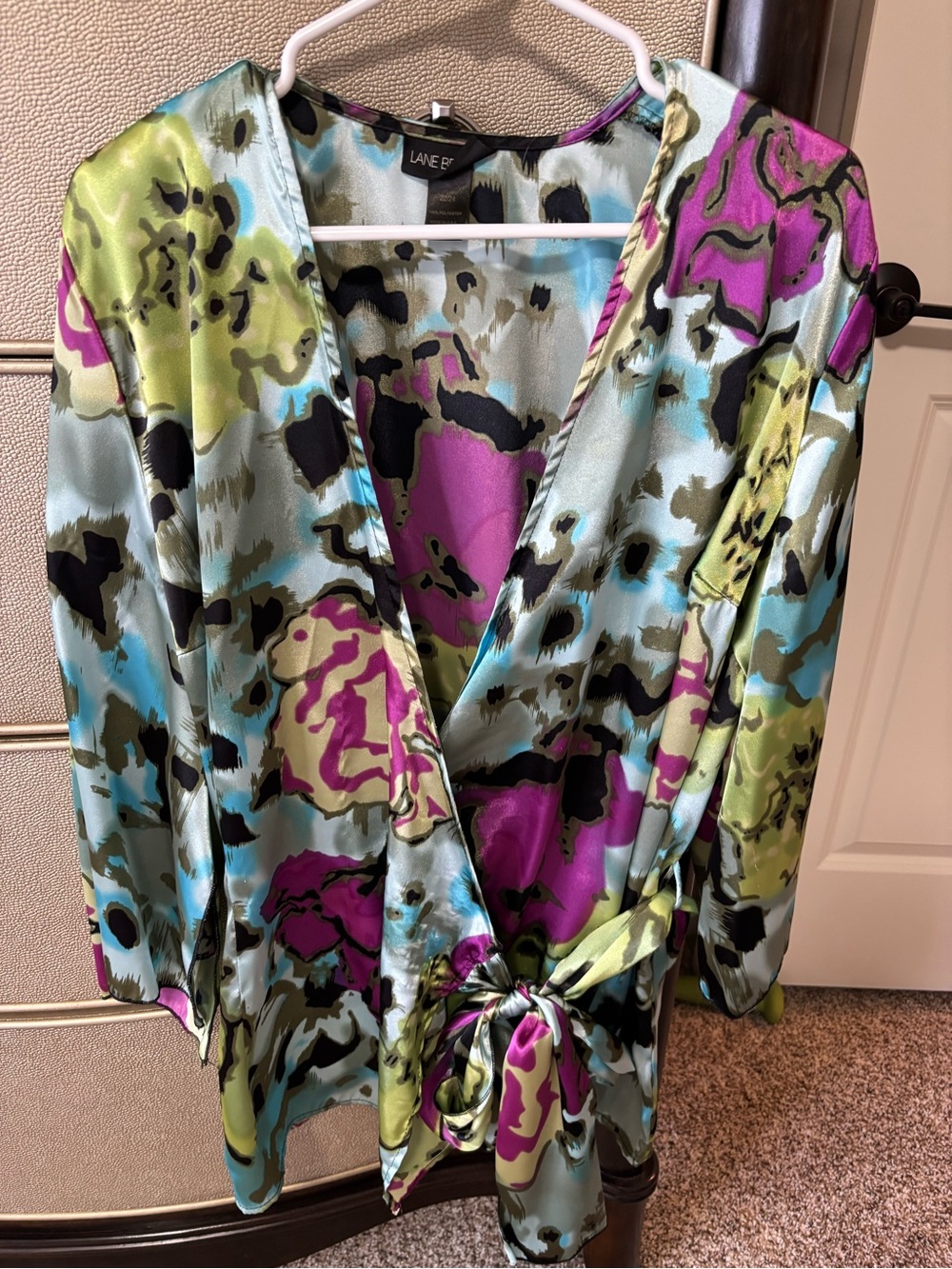 Lane Bryant Satin Wrap Blouse - Teal, Purple & Lime Abstract Print